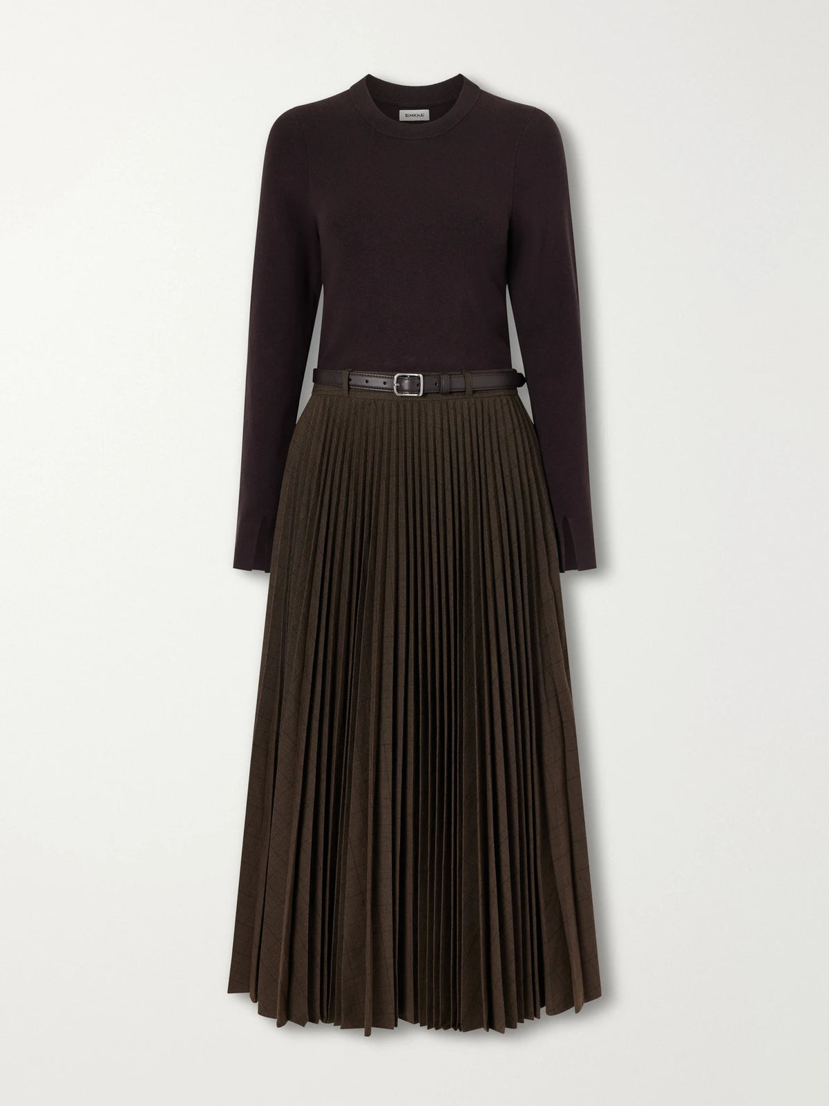 SIMKHAI Belted Pleated Woven Midi Dress