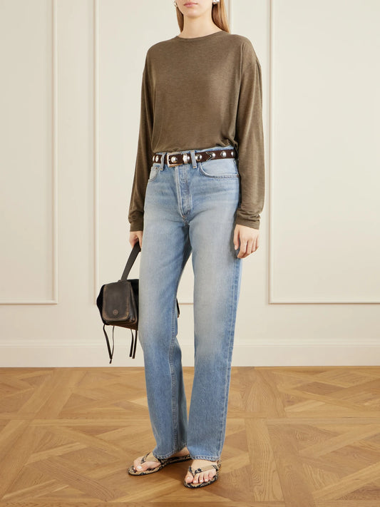 Image of a model wearing Tops. Product name - Sasha Lyocell-jersey T-shirt in Brown colour by brand - AGOLDE