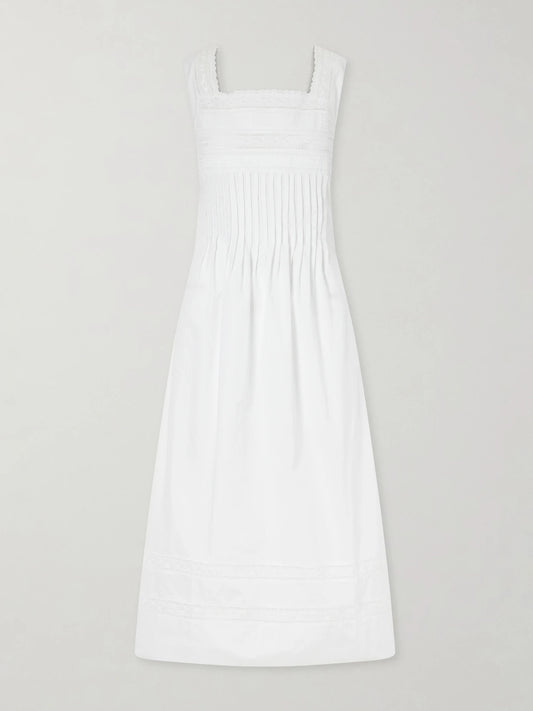 Image of Dresses. Product name - Lalla Ruched Broderie Anglaise-trimmed Cotton-poplin Maxi Dress in White colour by brand - Loretta Caponi