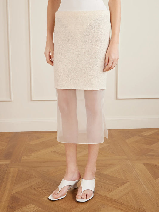 Sybil Layered Cotton-blend Bouclé And Organza Midi Skirt