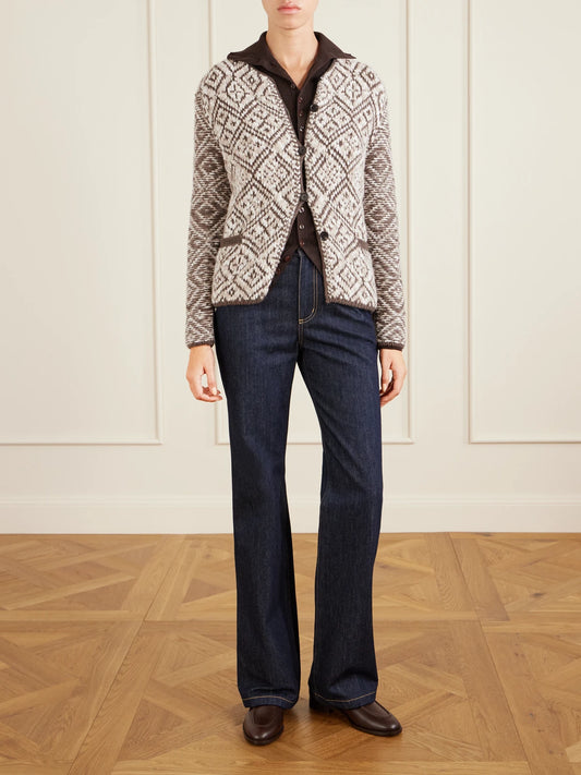 Image of a model wearing Outerwear. Product name - Jacquard-knit Cashmere Cardigan in Beige colour by brand - Loro Piana