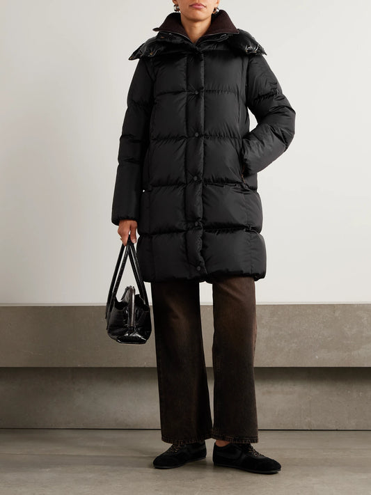 Image of Coats & Jackets. Product name - Appliquéd Hooded Shell Down Coat in Black colour by brand - Moncler