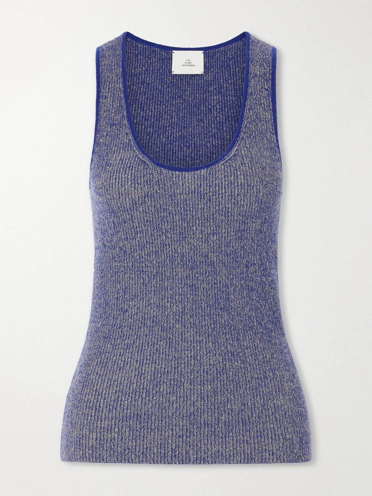 Image of a model wearing Tops. Product name - Marl Knitted Cashmere Tank in Blue colour by brand - The Elder Statesman
