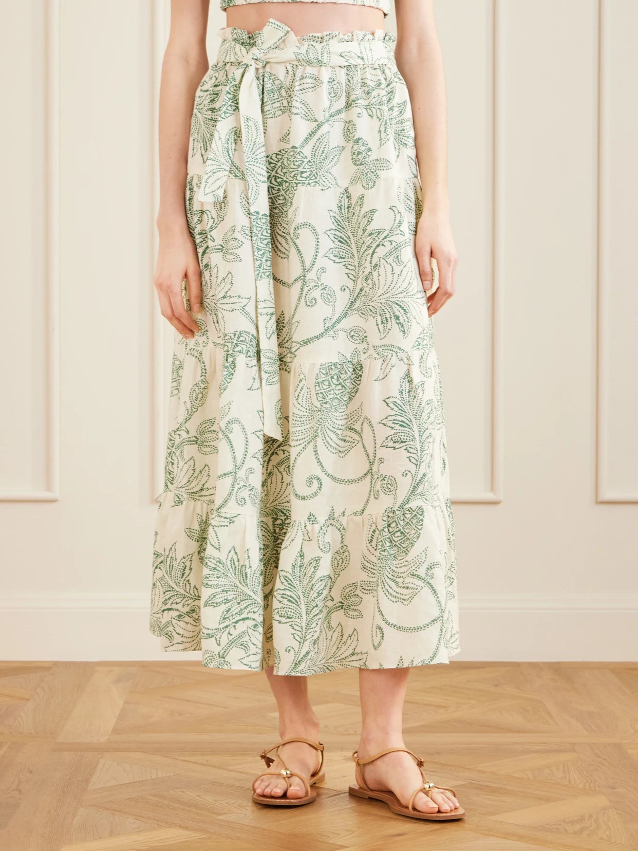 Sanaa Tiered Printed Linen Midi Skirt