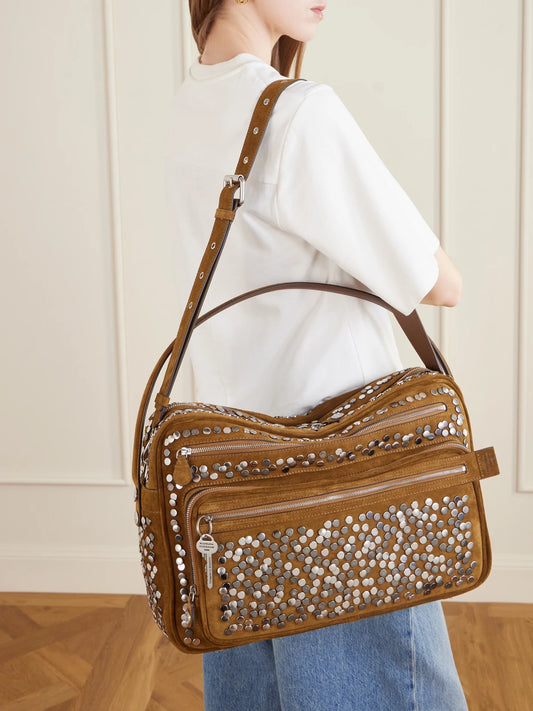 Camero Camera Embellished Suede Shoulder Bag