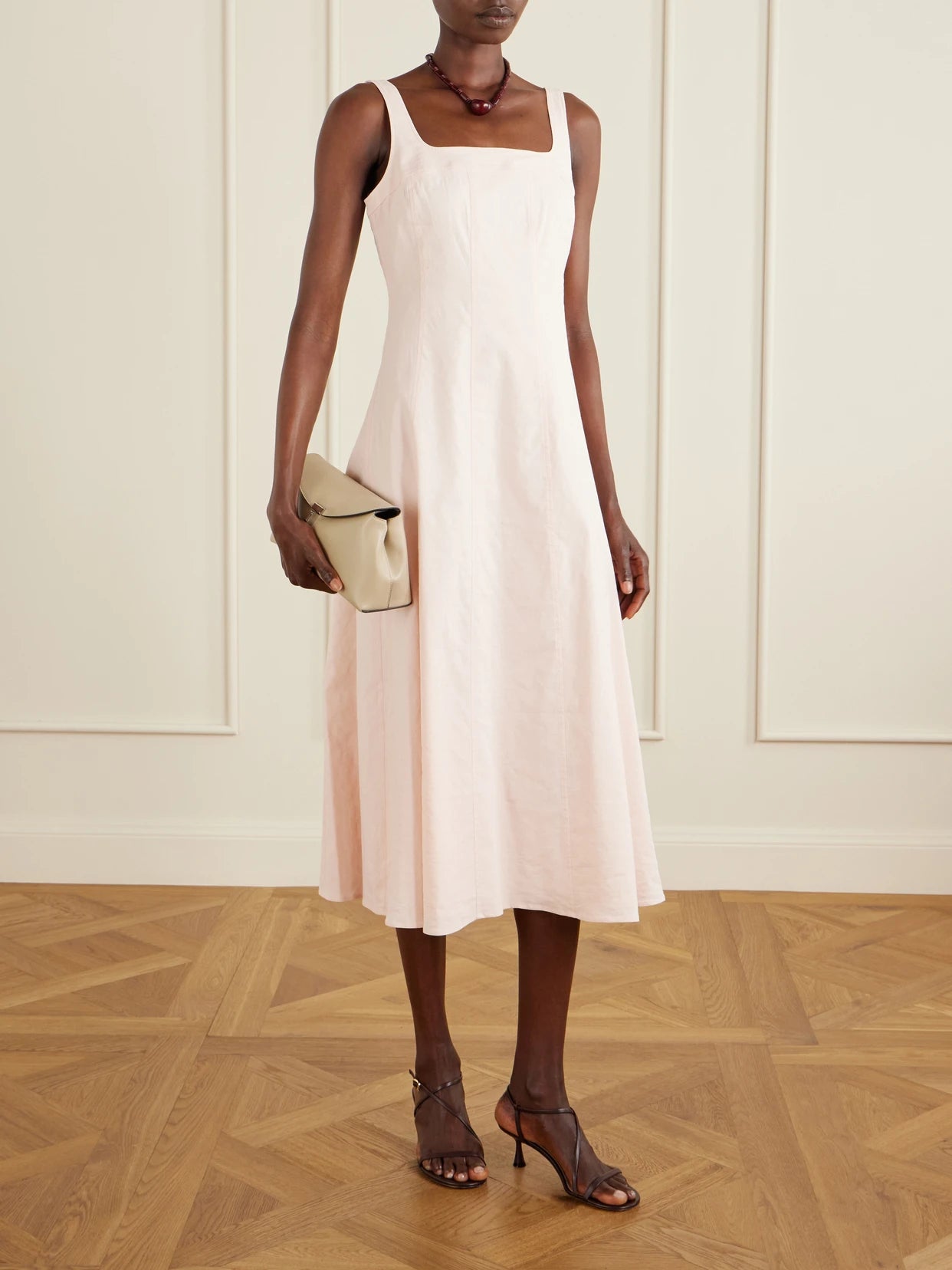 Image of Dresses. Product name - Linen-blend Midi Dress in Baby pink colour by brand - Theory
