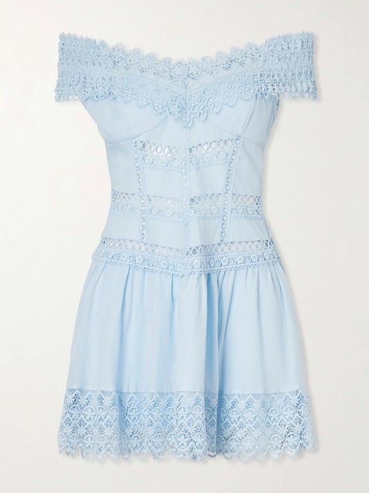 Image of Dresses. Product name - Eliane Cotton-blend Mini Dress in Blue colour by brand - Charo Ruiz