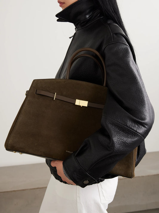 Image of Bags. Product name - The Hudson Leather-trimmed Suede Tote in Taupe colour by brand - DeMellier