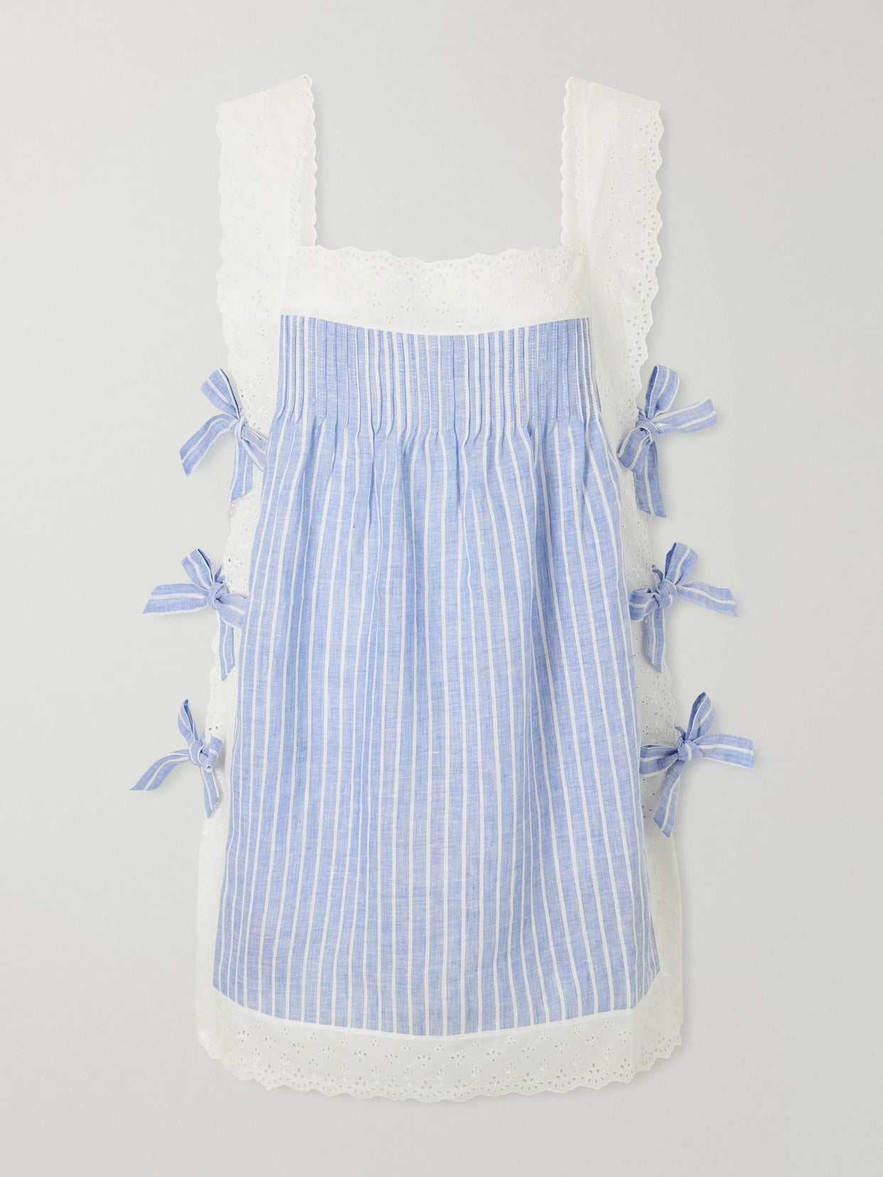 Fiocchini Bow-embellished Striped Broderie Anglaise-trimmed Linen Mini Dress