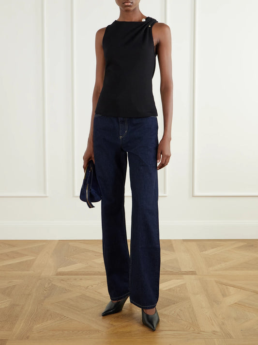 Image of a model wearing Tops. Product name - Deylin Embellished Ribbed Stretch-cotton Tank in Black colour by brand - Veronica Beard