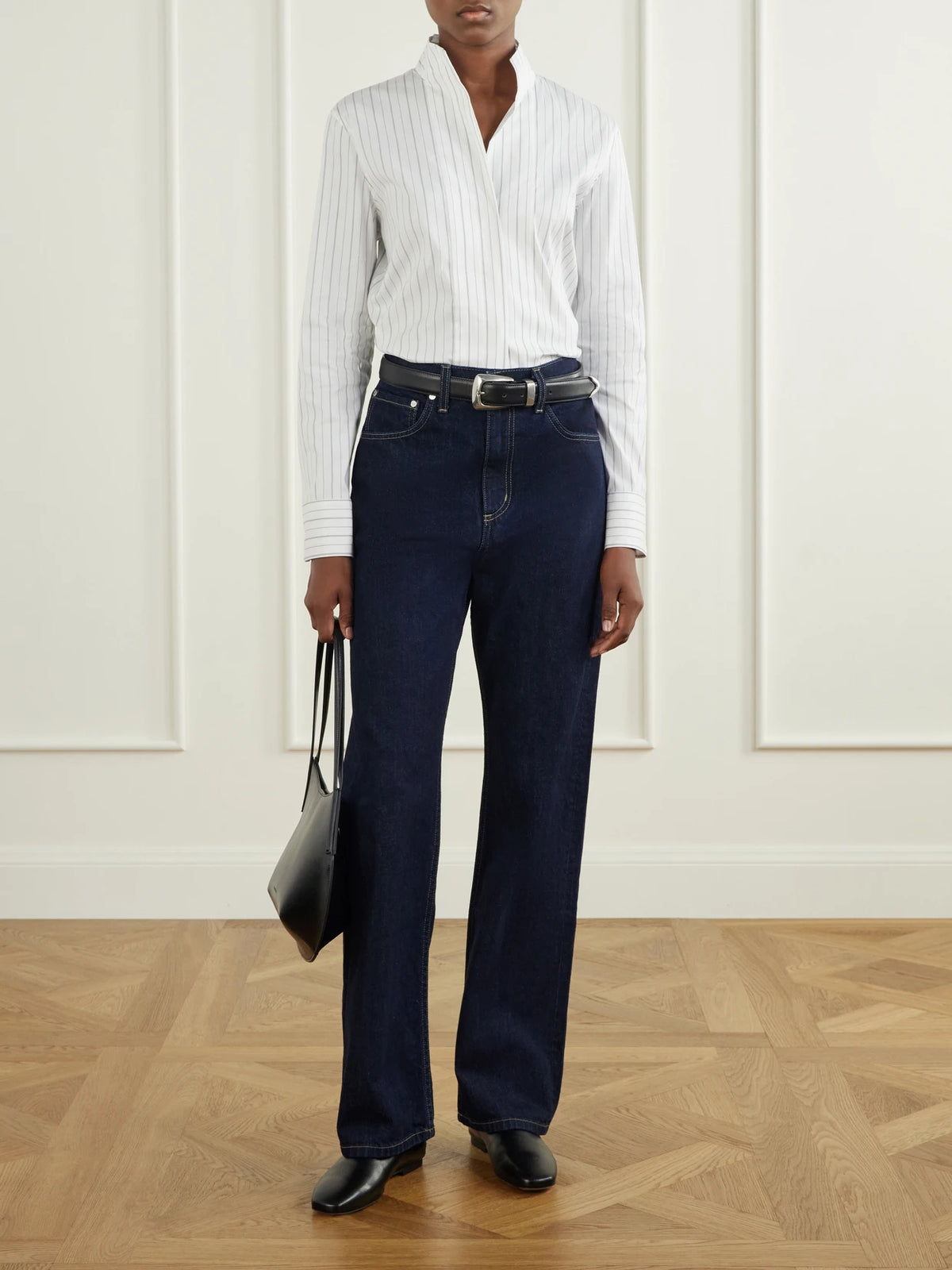 Image of a model wearing Tops. Product name - Striped Cotton-blend Poplin Shirt in White colour by brand - Theory