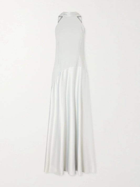 Image of Dresses. Product name - Cece Cape-effect Crepe And Satin Gown in Silver colour by brand - Solace London