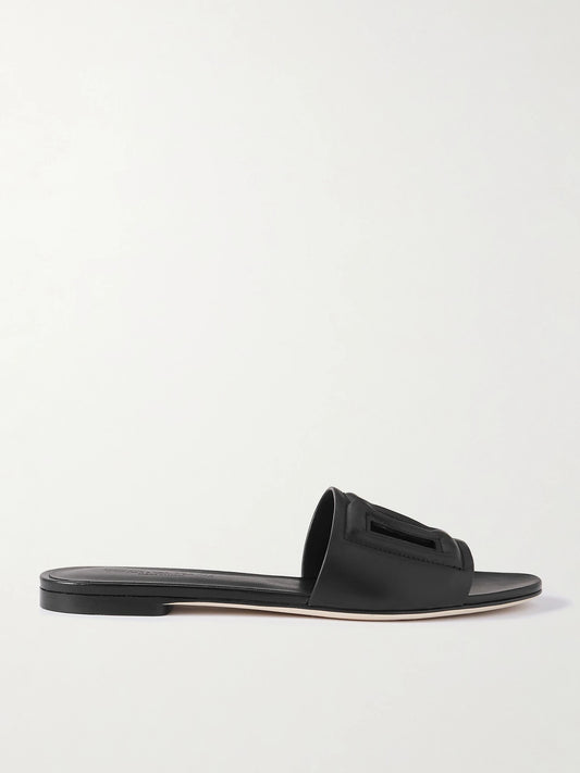 Dolce & Gabbana Bianca Logo-embossed Cutout Leather Slides