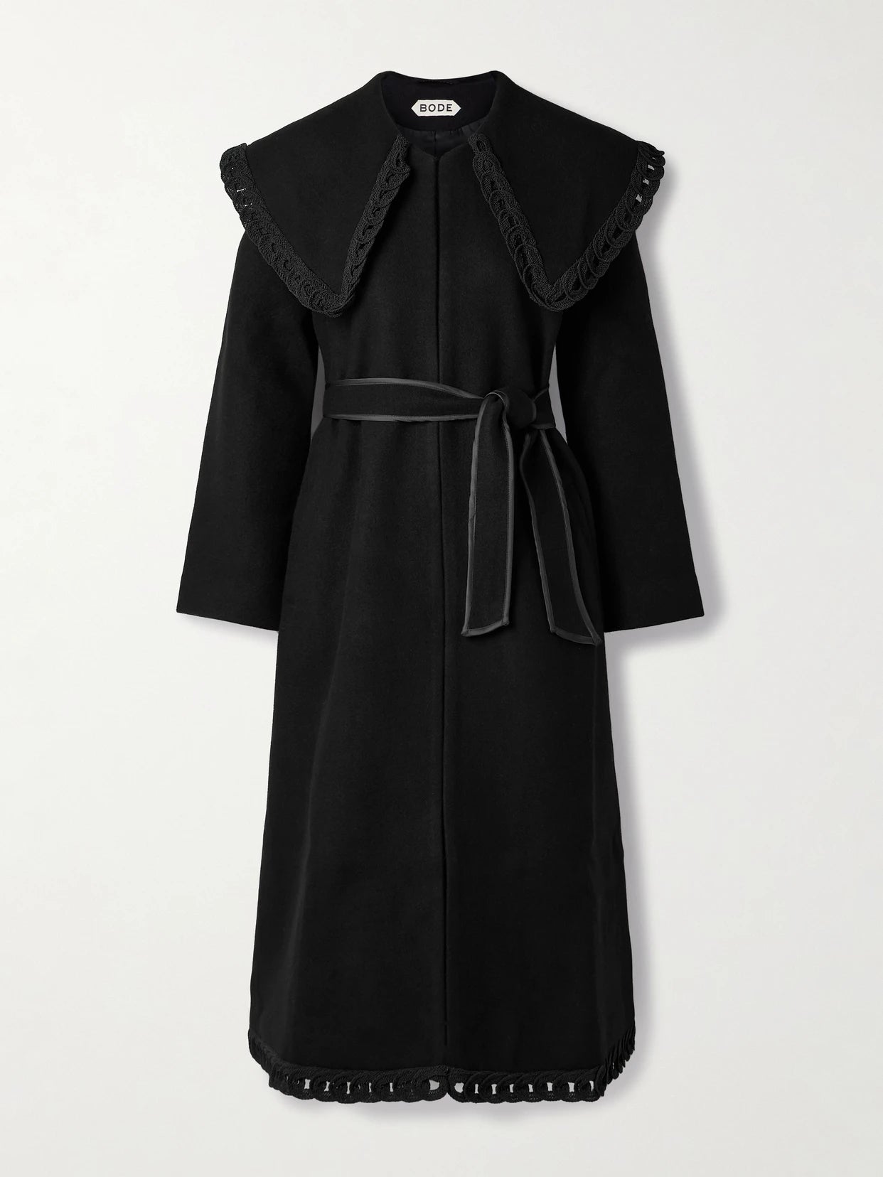 Image of Coats & Jackets. Product name - Dover Belted Embroidered Wool Coat in Black colour by brand - BODE