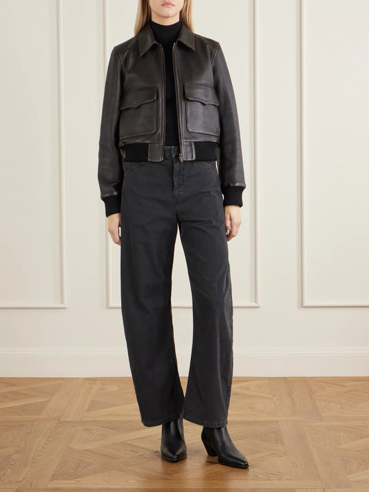 Image of Coats & Jackets. Product name - Redley Rib-trimmed Leather Bomber Jacket in Black colour by brand - Nili Lotan