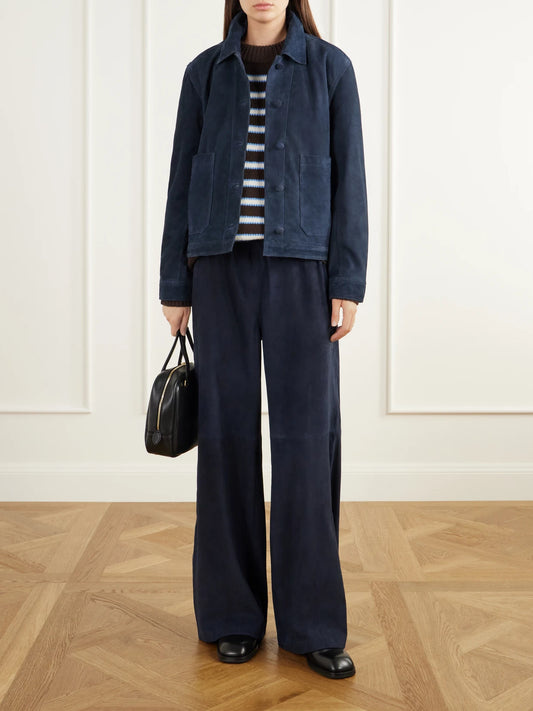 Image of Coats & Jackets. Product name - Val Suede Jacket in Navy colour by brand - La Ligne