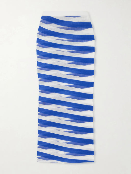 Image of a model wearing Skirts. Product name - Striped Mesh-paneled Cotton-blend Midi Skirt in Blue colour by brand - Stella McCartney