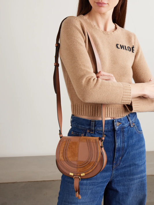 Image of Bags. Product name - Marcie Patchwork Leather And Suede Shoulder Bag in Tan colour by brand - Chloé