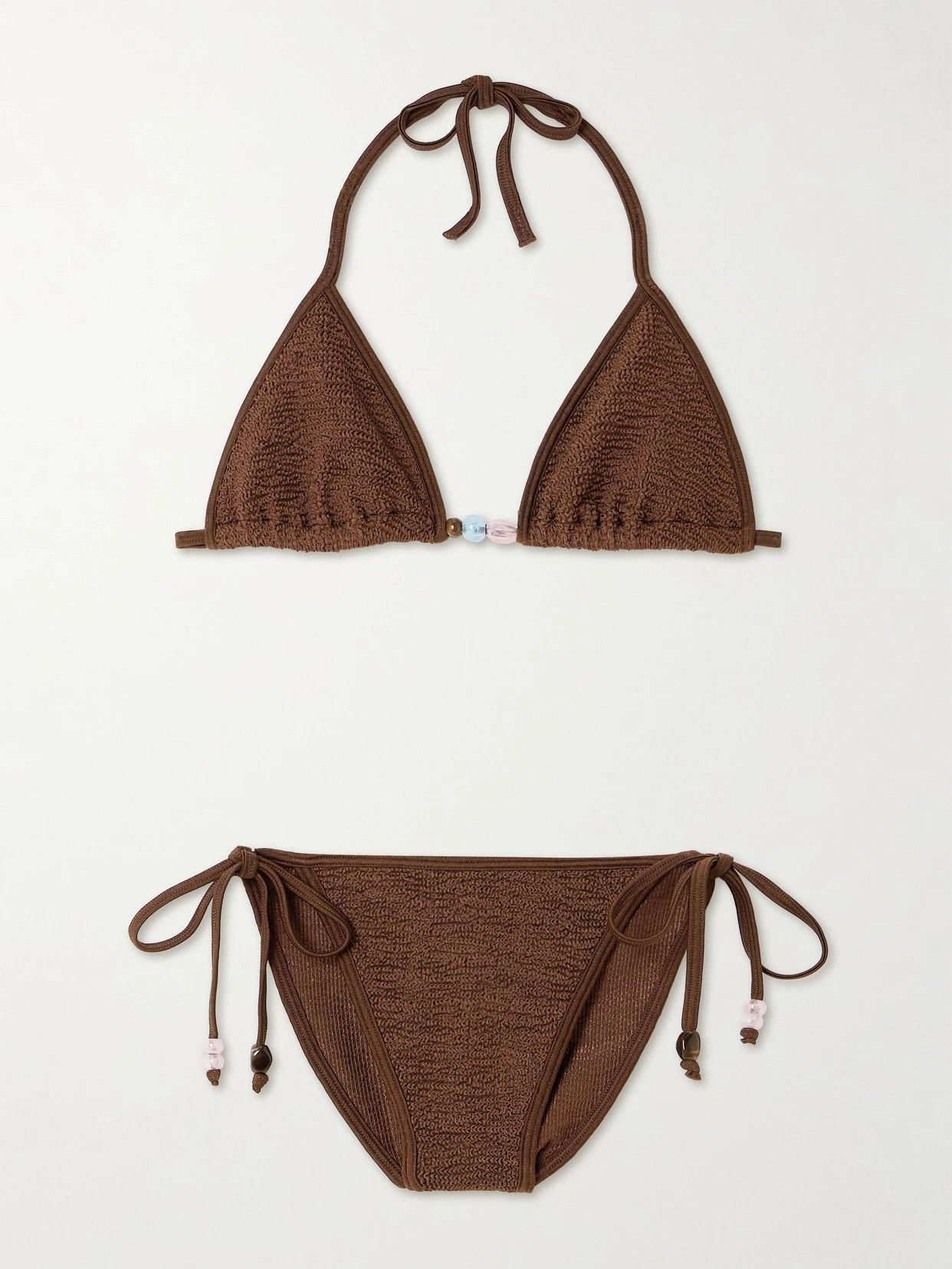 Image of Swimwear. Product name - Gina Bead-embellished Original Crinkle Bikini in Chocolate colour by brand - Hunza G