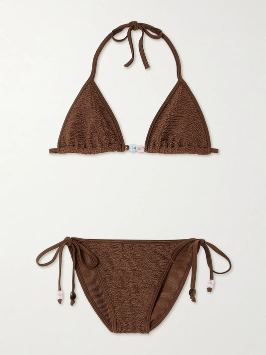 Image of Swimwear. Product name - Gina Bead-embellished Original Crinkle Bikini in Chocolate colour by brand - Hunza G