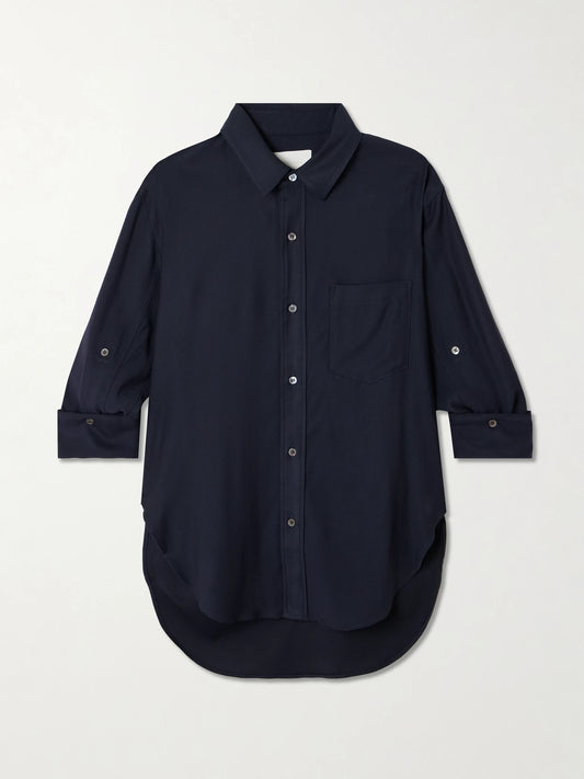 Image of a model wearing Tops. Product name - Kayla Twill Shirt in Navy colour by brand - Citizens of Humanity