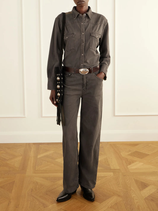 Image of a model wearing Tops. Product name - Yellowstone Cotton-twill Shirt in Dark gray colour by brand - TWP