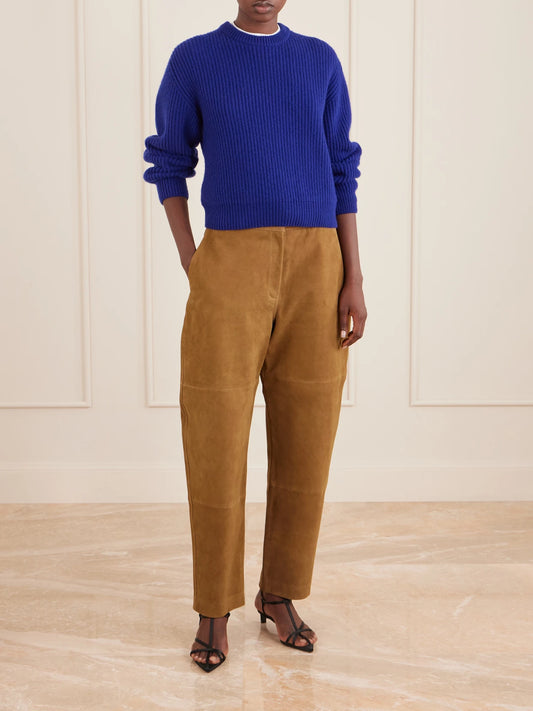 Image of a model wearing Pants. Product name - Sculptural Paneled Suede Barrel-leg Pants in Brown colour by brand - RÓHE