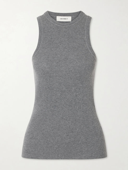 Image of a model wearing Tops. Product name - Amaya Cotton And Cashmere-blend Tank Top in Light gray colour by brand - LISA YANG