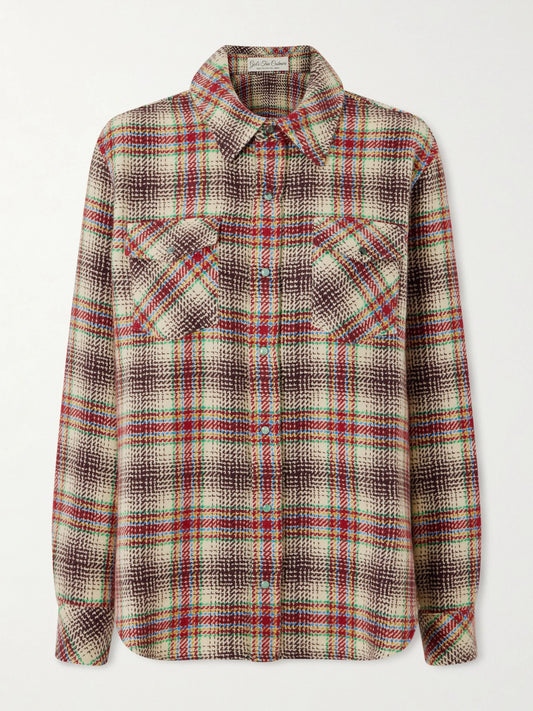 Image of a model wearing Tops. Product name - Balance Checked Cashmere Shirt in Beige colour by brand - God's True Cashmere