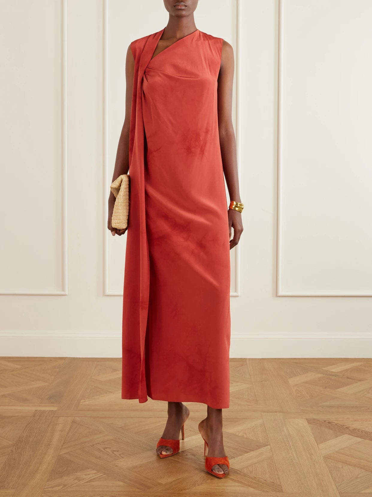 Image of Dresses. Product name - Estela One-shoulder Silk-chiffon Maxi Dress in Red colour by brand - Cortana