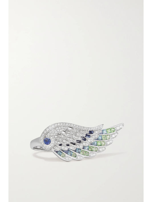 Wings Embrace Peacock 18-karat White Gold Multi-stone Ring