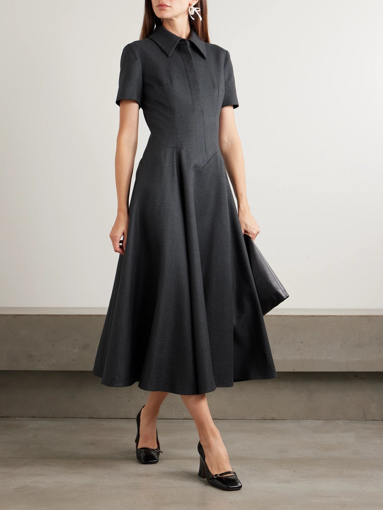 Image of Dresses. Product name - Jody Paneled Prince Of Wales Checked Wool-blend Midi Shirt Dress in Charcoal colour by brand - Emilia Wickstead