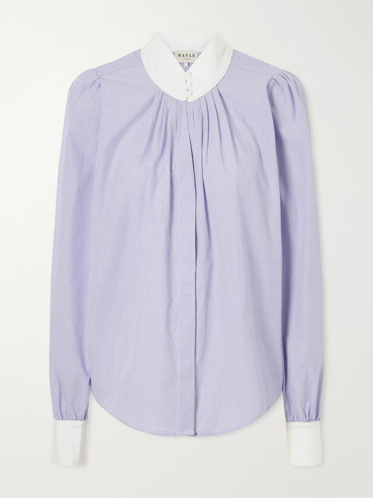 Image of a model wearing Tops. Product name - Val D'isere Striped Cotton Blouse in Blue colour by brand - MAISON MAYLE