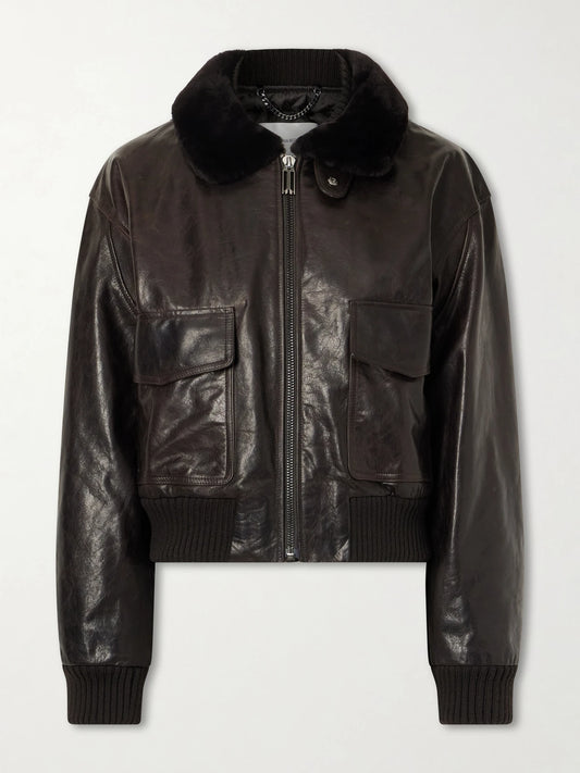 Image of Coats & Jackets. Product name - Aviator Shearling-trimmed Leather Jacket in Dark brown colour by brand - Victoria Beckham