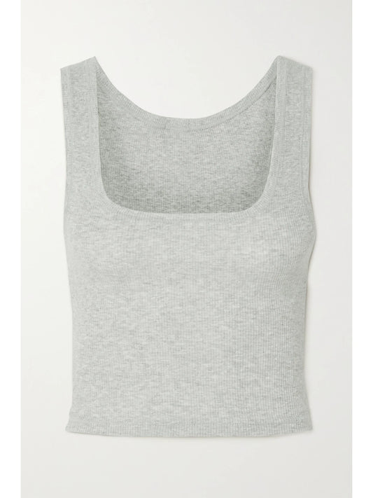 Image of a model wearing Tops. Product name - Cotton Collection Cropped Ribbed Cotton-blend Jersey Tank - Light Heather Grey in Light gray colour by brand - SKIMS