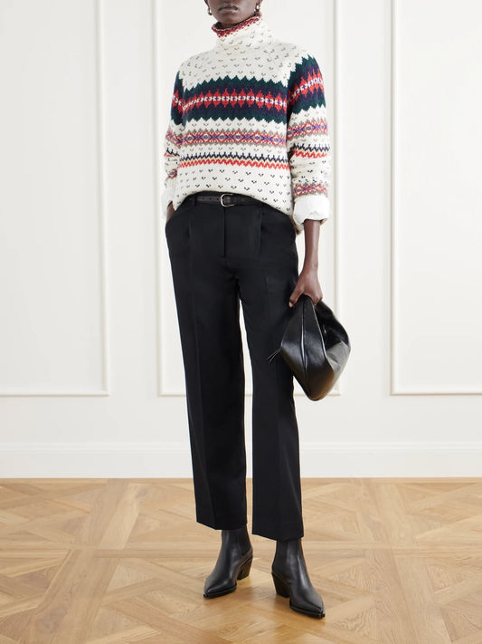 Image of a model wearing Outerwear. Product name - Fair Isle Intarsia-knit Cotton And Wool-blend Turtleneck Sweater in Cream colour by brand - Polo Ralph Lauren