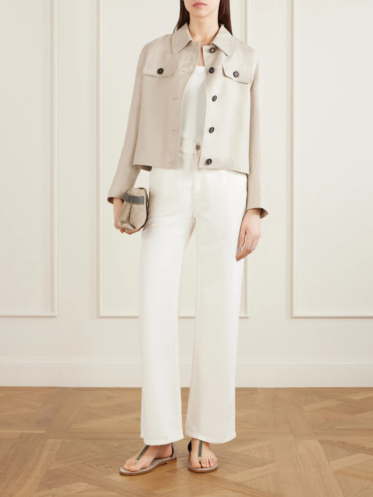 Image of Sandals. Product name - Bead-embellished Suede Sandals in Taupe colour by brand - Brunello Cucinelli