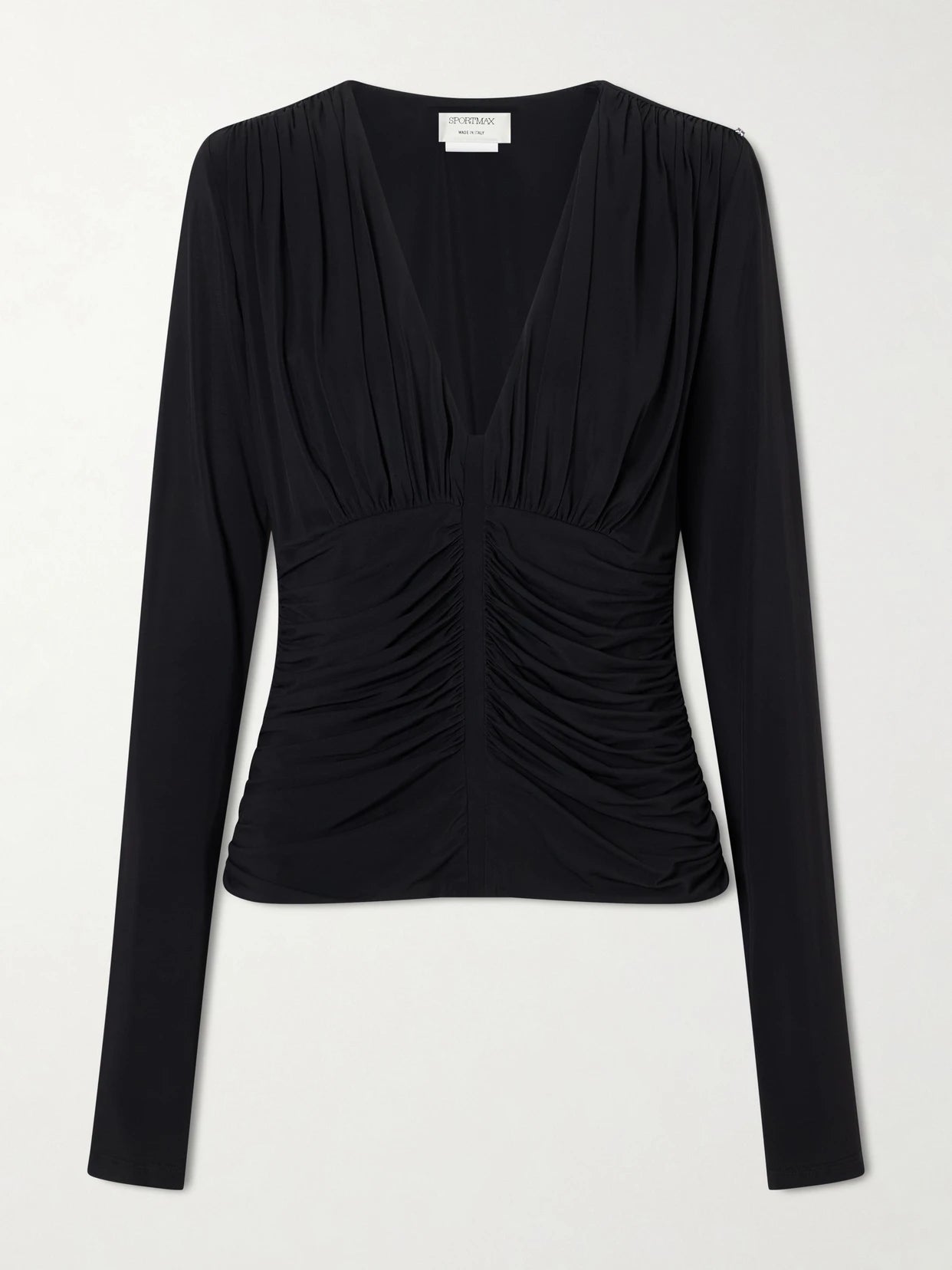 Image of a model wearing Tops. Product name - Jersey Ruched Blouse in Black colour by brand - Sportmax