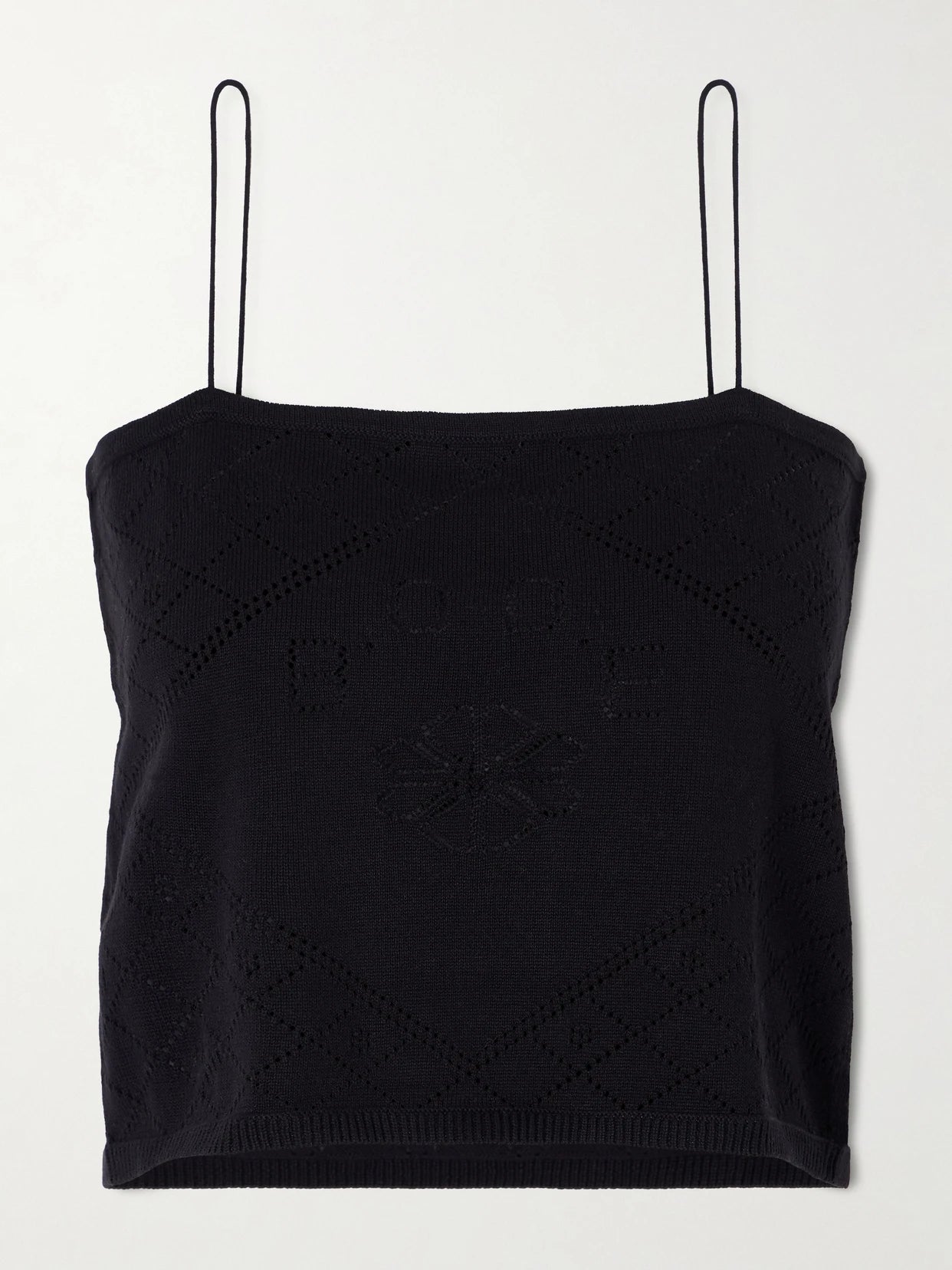 Image of a model wearing Tops. Product name - Anisette Cropped Embroidered Cotton Tank Top in Black colour by brand - BODE