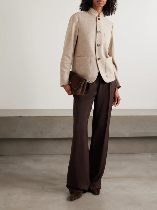 Image of a model wearing Outerwear. Product name - Mini Spagna Cashmere-blend Jacket in Beige colour by brand - Loro Piana