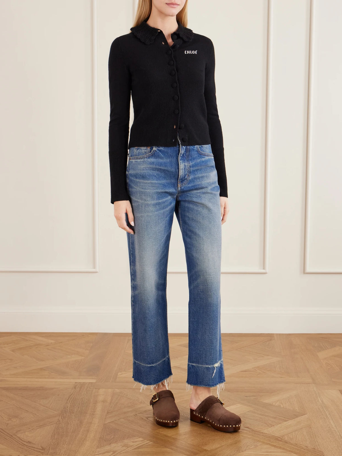Image of Flats. Product name - Jeannette Embellished Suede Clogs in Dark brown colour by brand - Chloé