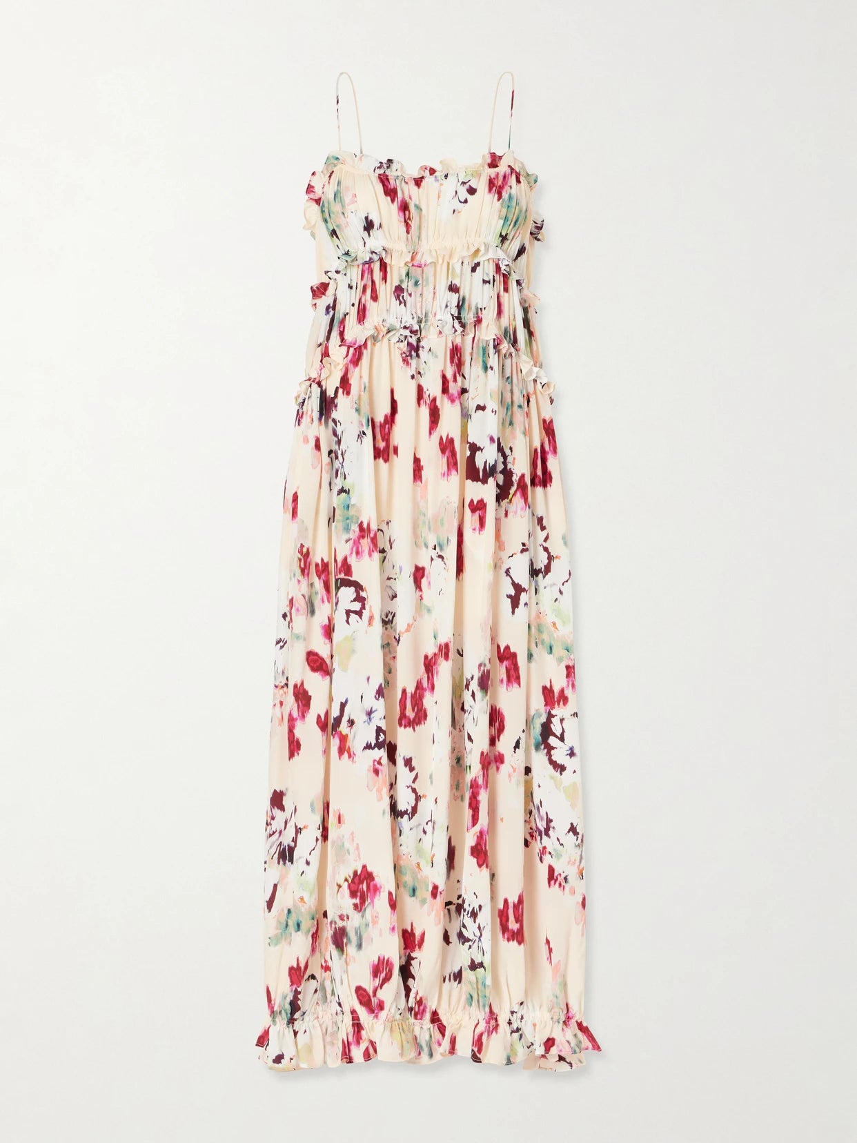 Image of Dresses. Product name - Clove Floral-print Ruched Silk Maxi Dress in Pink colour by brand - Ulla Johnson