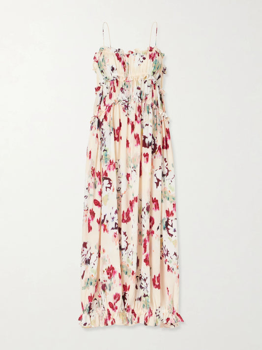 Image of Dresses. Product name - Clove Floral-print Ruched Silk Maxi Dress in Pink colour by brand - Ulla Johnson