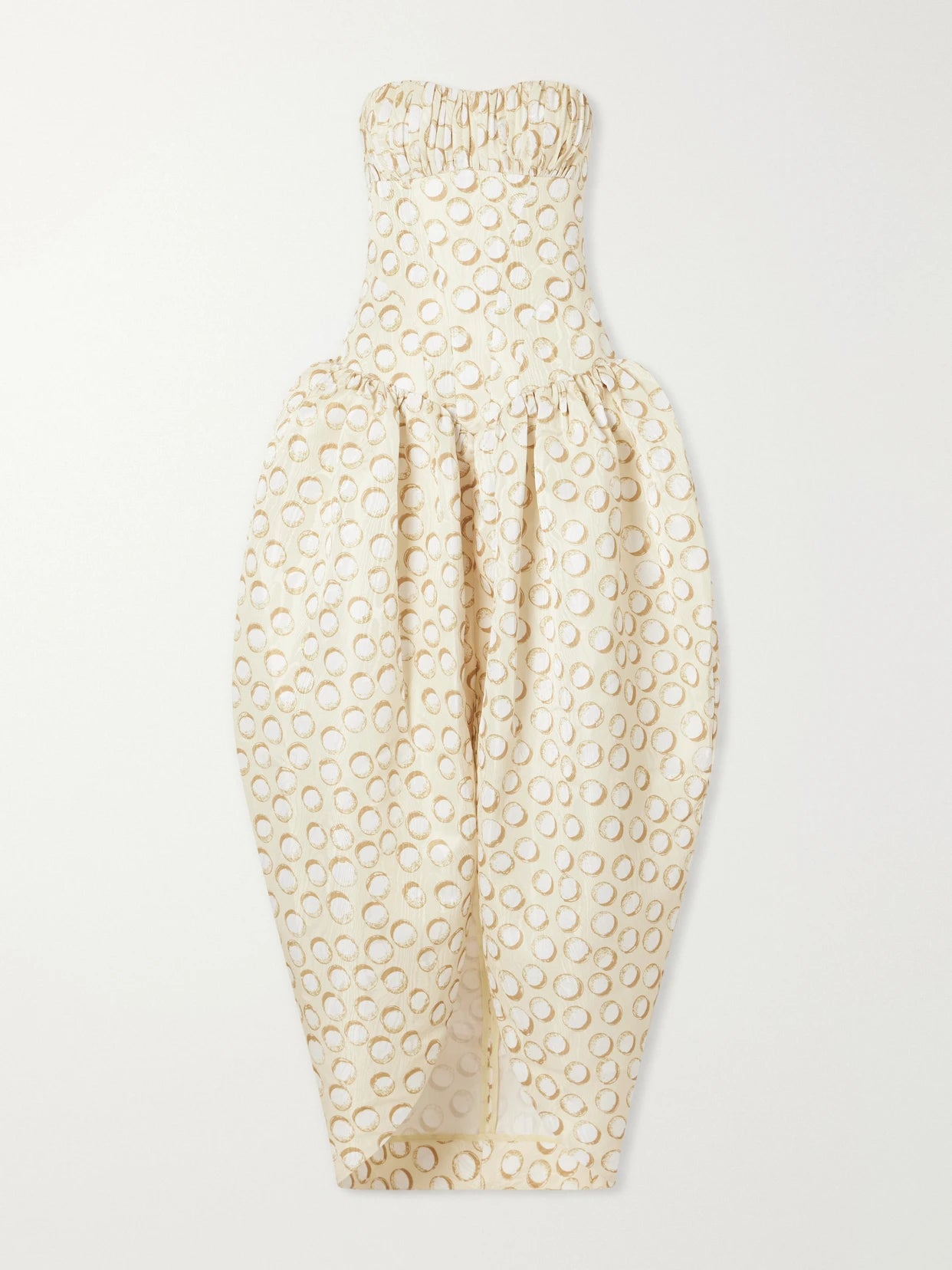 Image of Dresses. Product name - Paula Ruched Printed Brocade Gown in Cream colour by brand - ALÉMAIS