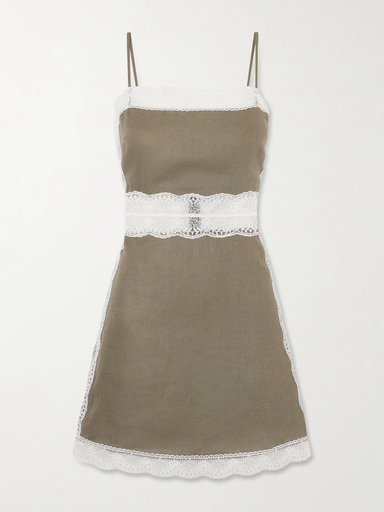 Image of Dresses. Product name - Amalina Lace-trimmed Linen Mini Dress in Army green colour by brand - STAUD
