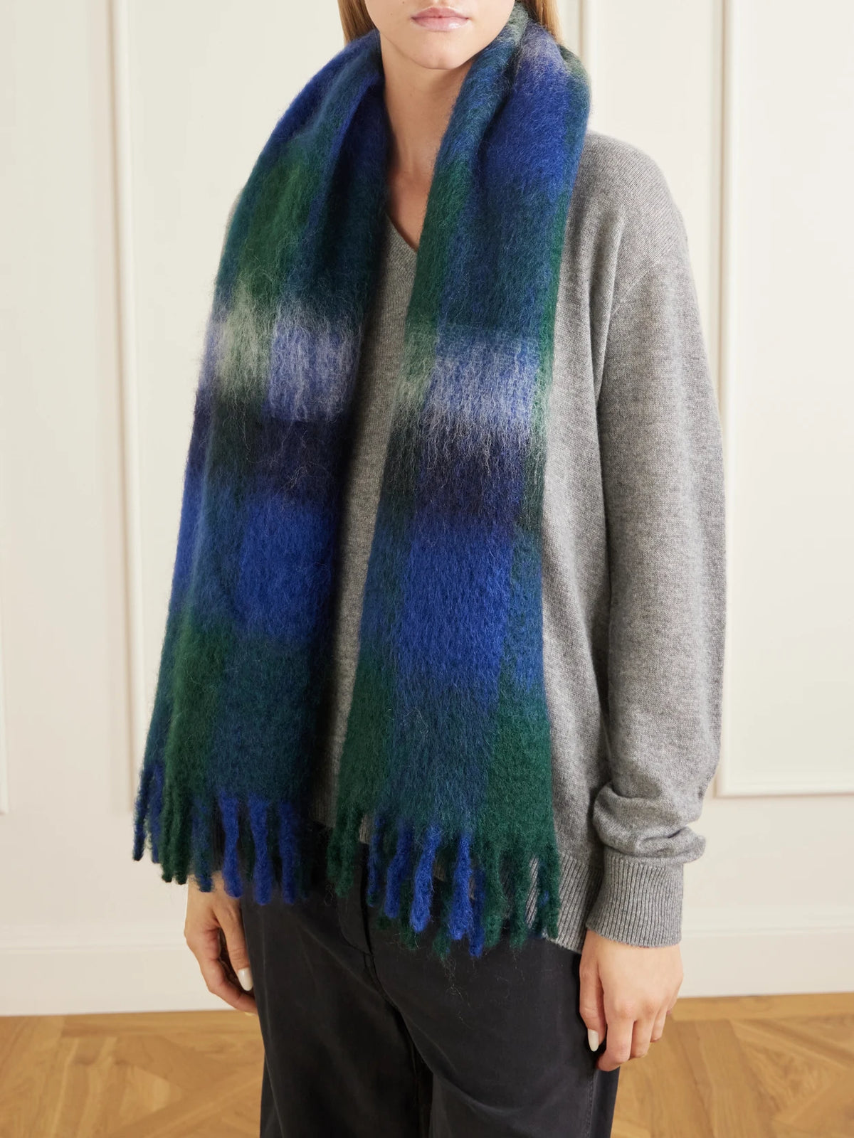 Image of Scarves & Shawls. Product name - Uma Mohair And Wool-blend Scarf in Blue colour by brand - The Row