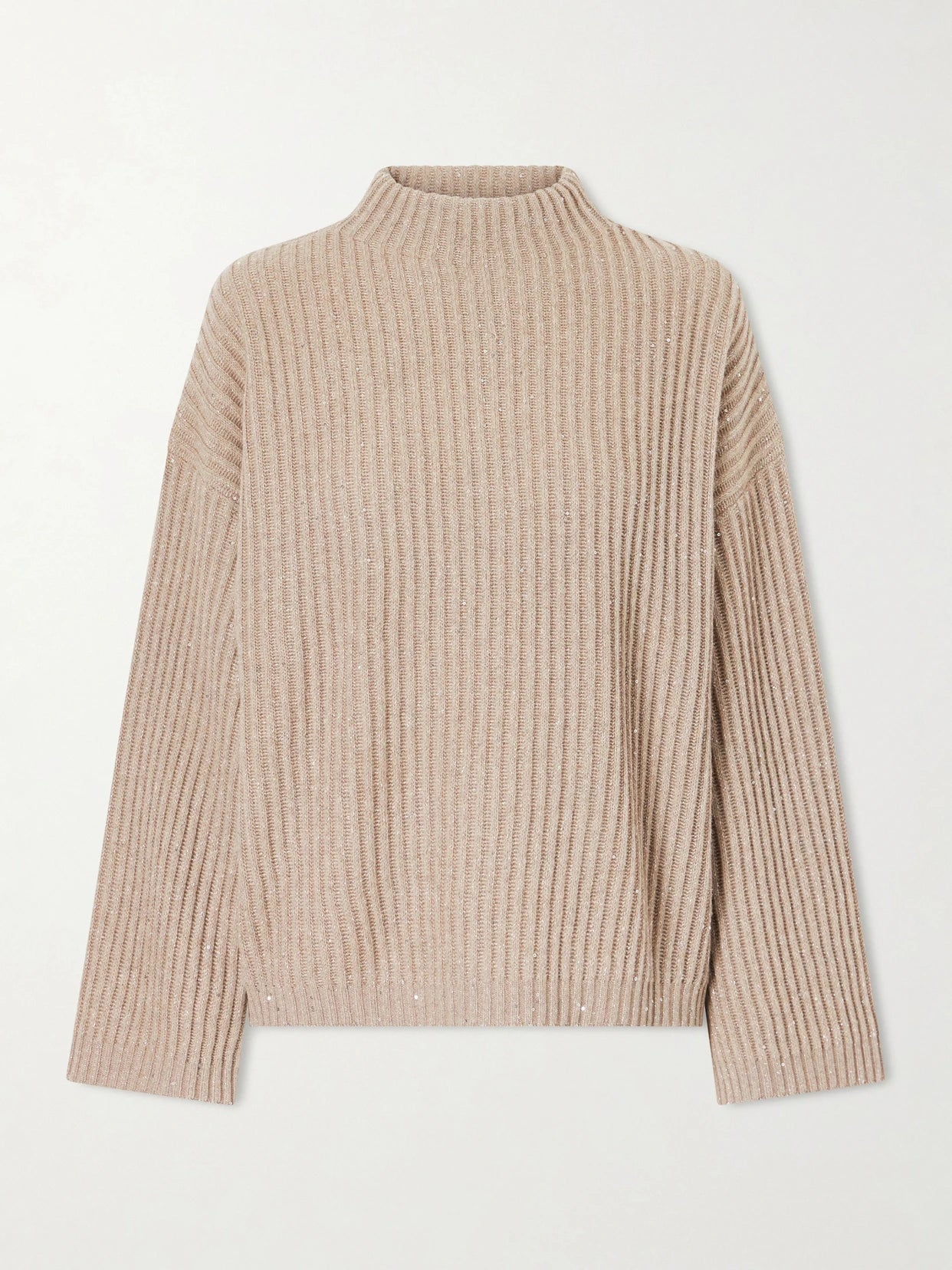 Image of a model wearing Outerwear. Product name - Sequin-trimmed Ribbed-knit Turtleneck Sweater in Beige colour by brand - Brunello Cucinelli