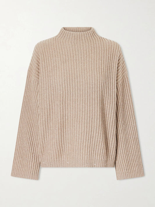 Image of a model wearing Outerwear. Product name - Sequin-trimmed Ribbed-knit Turtleneck Sweater in Beige colour by brand - Brunello Cucinelli