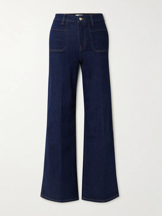Image of Jeans. Product name - Le Slim Palazzo Modernist Pocket High-rise Wide-leg Jeans in Dark denim colour by brand - FRAME