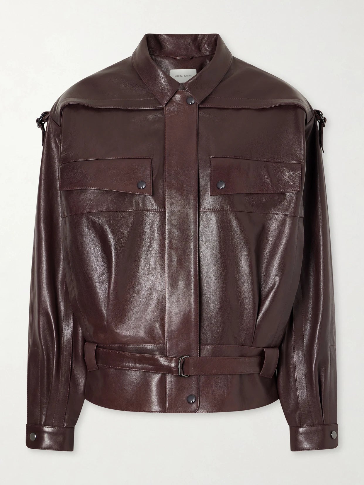 Image of Coats & Jackets. Product name - Belted Leather Biker Jacket in Burgundy colour by brand - Magda Butrym